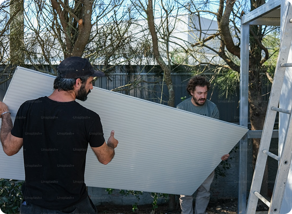 Two installers carrying a large window covering panel outdoors