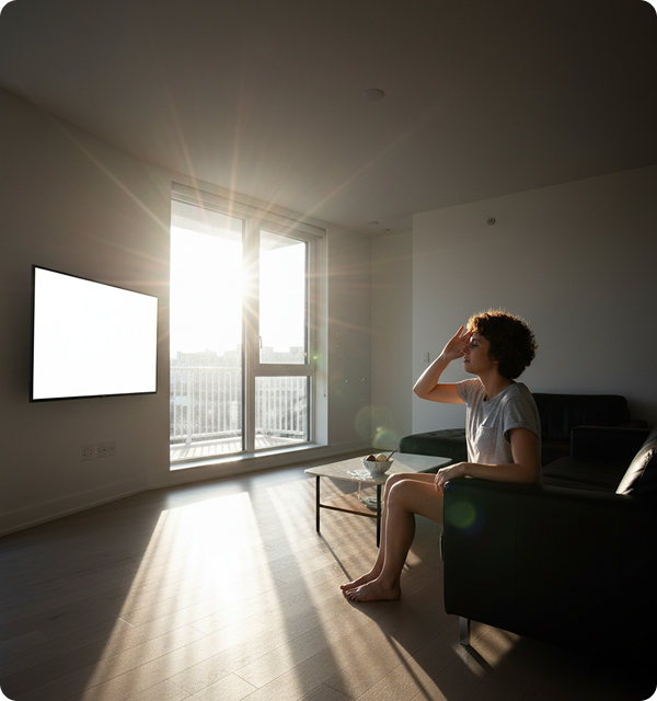 Tenant experiencing harsh glare from uncovered apartment windows