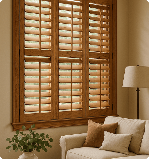 Wood plantation shutters above a sofa in a warm residential living room